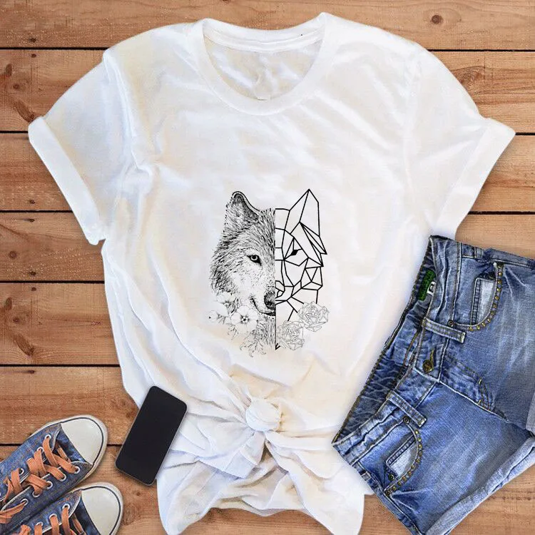 

Волк Роза забавная летняя футболка с коротким рукавом Футболка женская футболка женская одежда Ropa анималистический принт Mujer 2019