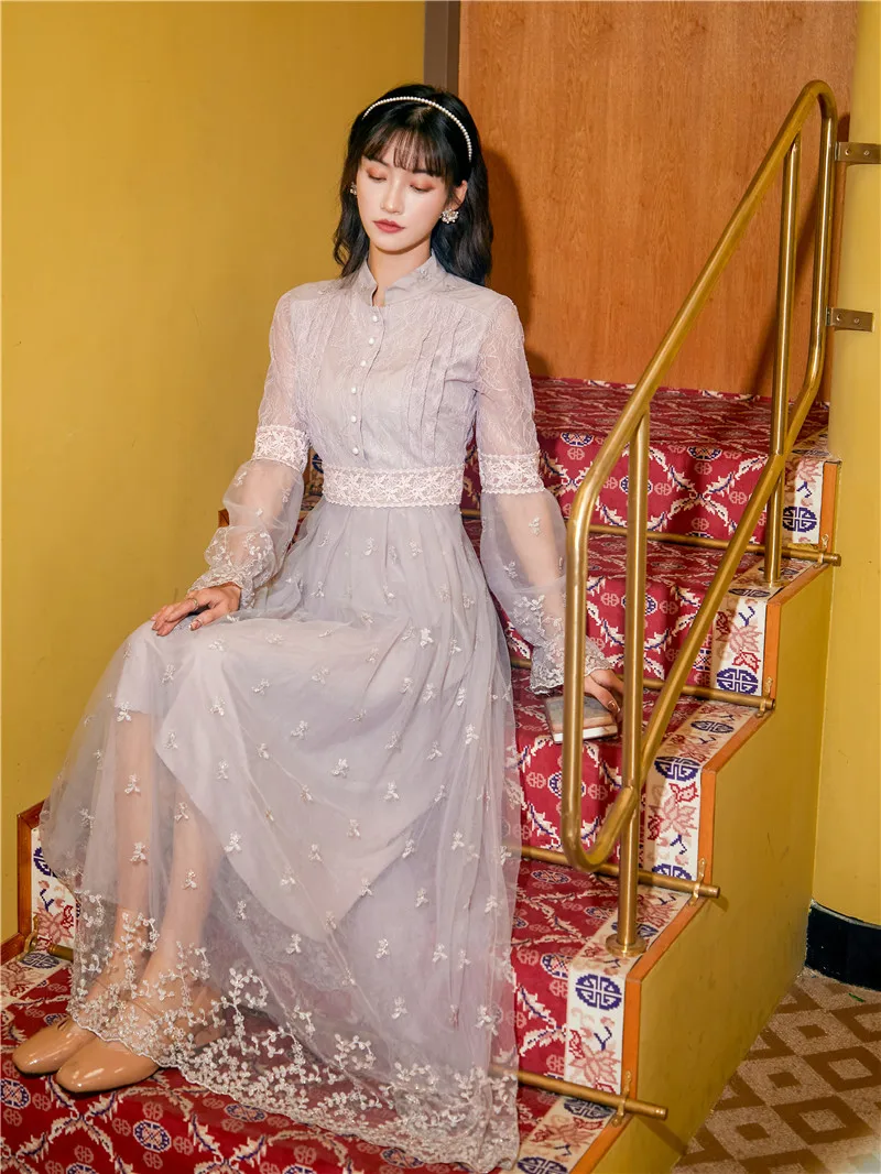 2021 Spring Embroidery Party Dress Lace Long Women Vintage Lady Full Sleeve Evening Elegant Mid-Calf | Женская одежда