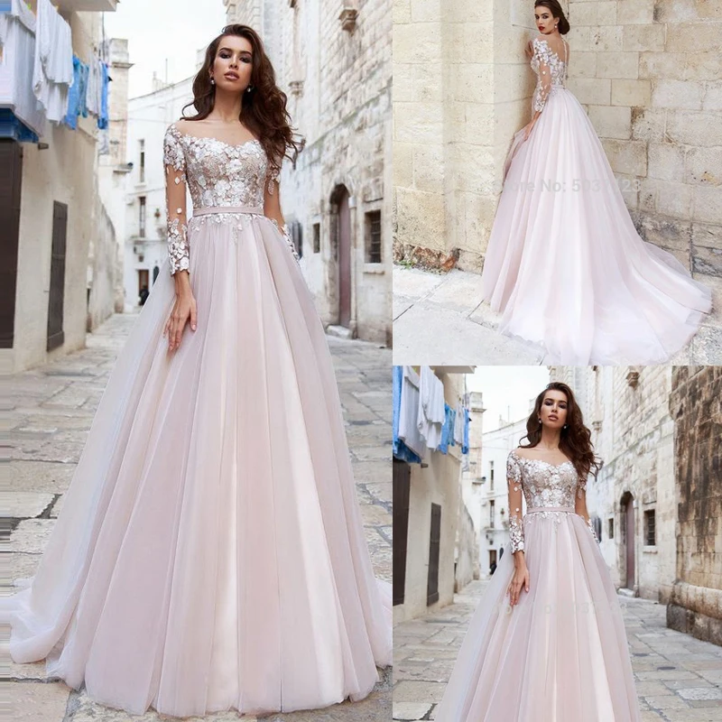 Свадебное платье трапеция с длинным рукавом кружевная 3d аппликация глубоким