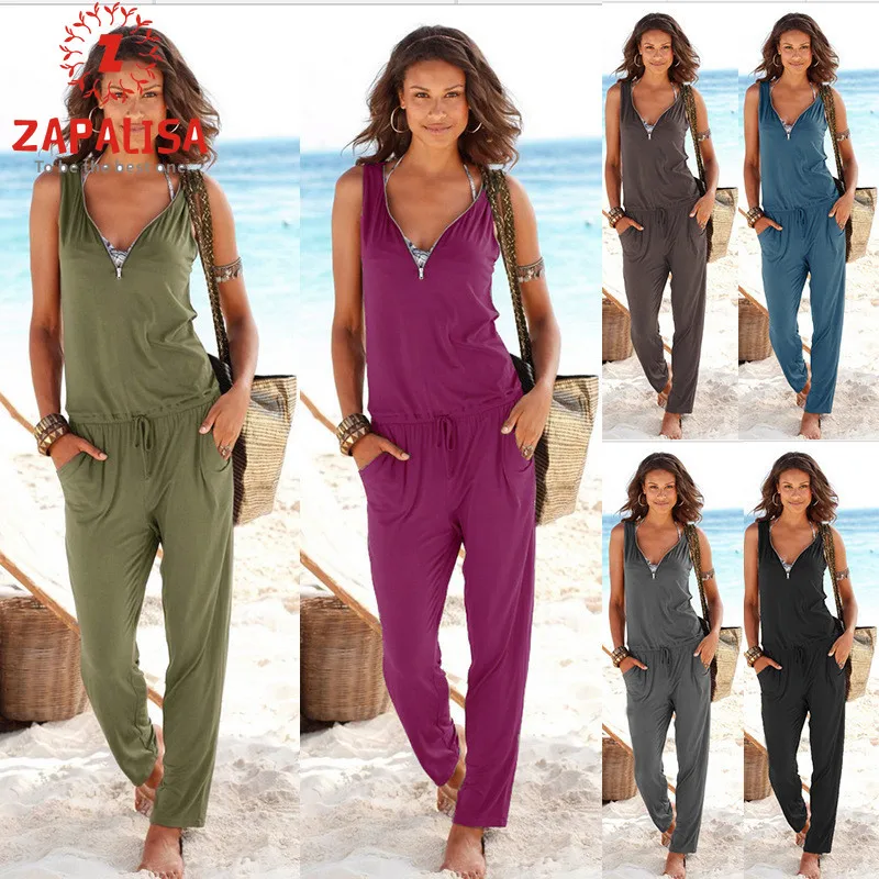 

Women Summer Solid Color Long Trousers Drawstring Design Zipper Pockets Decor V-Neck Sleeveless Mid Waist Casual Loose Jumpsuits