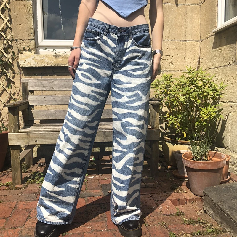 

Zebra Stripes Print Women's Jeans E-girl 90s Vintage High Waist Denim Pants Loose Fashion Cargo Straight Trousers Hip Hop Wear