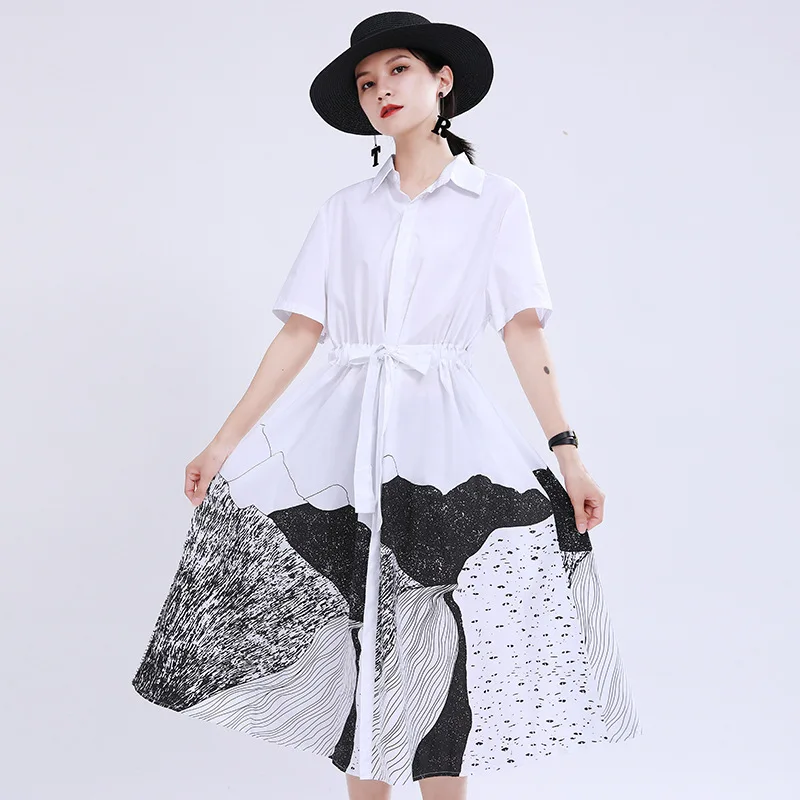

White Plus Size Dress Summer 2021 New Women's Design Abstract Print Medium Length Loose Swing Black Large Cotton Maxi Dress 1360