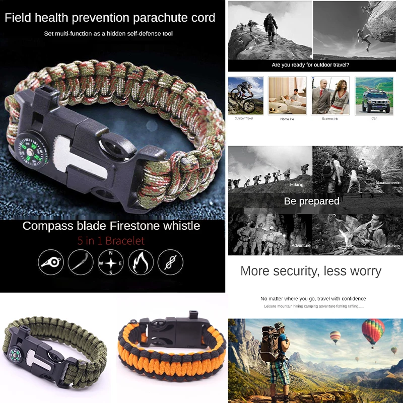 

5 in 1Outdoor Survival Bracelet Men Women Braided Paracord Multi-function Camping Rescue Emergency Rope Bangles Compass Whistle