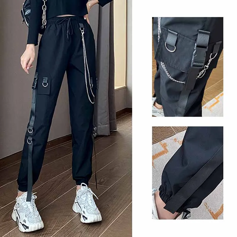 

Jogger Harajuku Women Cargo Pants Punk Ring Chain Females Trousers Elastic Waist High Streetwear Buckle Ribbon Pocket Pant 12826