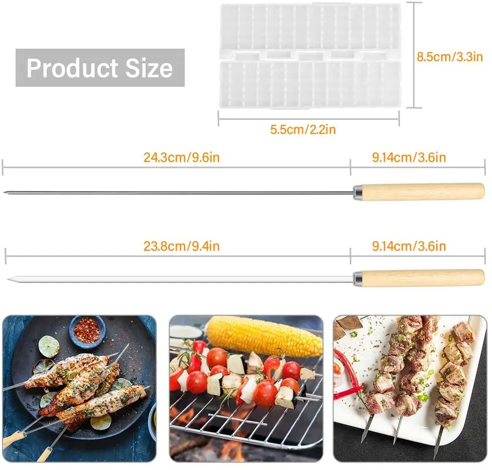 Kebab Skewers 20 Pcs Stainless Steel BBQ Reusable Flat Round Barbecue Grilling Wooden Handle Quick Meat String | Дом и сад