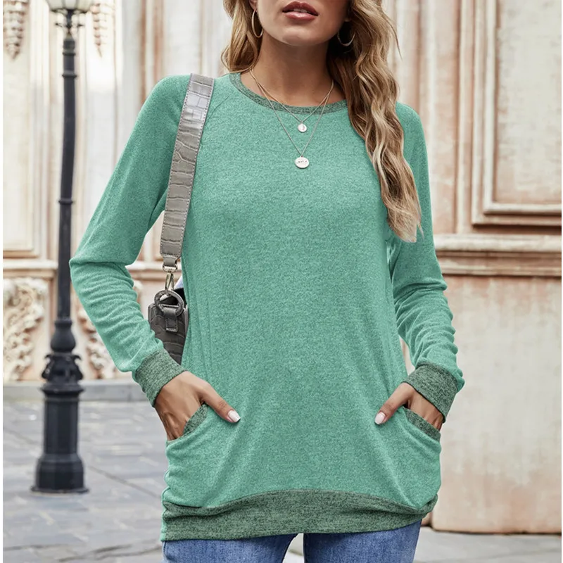

2021 Female Solid color Casual T-Shirt Vintage clothes Tops Color Pocket Sweater Long Sleeve Round Neck Pullover Sweatshirt
