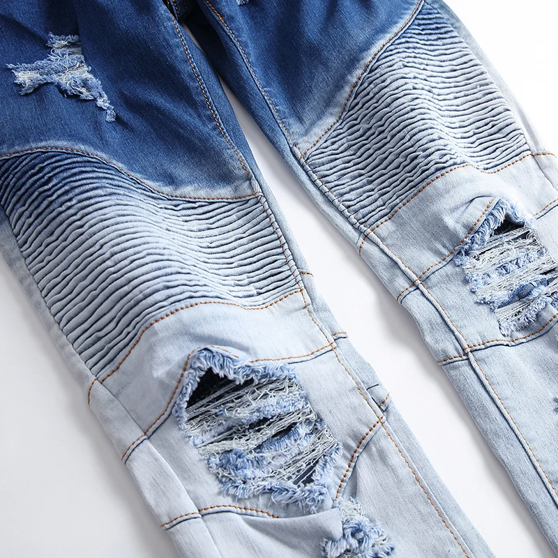 

New Spring European American men's stitching jeans straight pocket zipper trend locomotive folds hole slim pants trousers