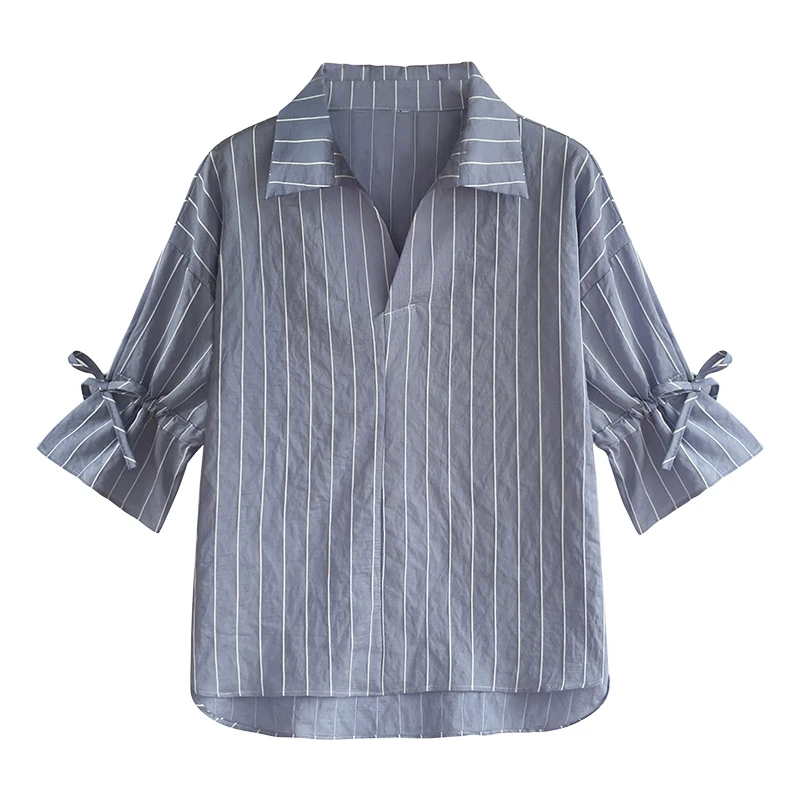 

Shirts Women Elegant Striped Bow Ulzzang Summer Trendy Korean Style All-match Casual Ladies Womens Clothing Chic V-Neck Thin
