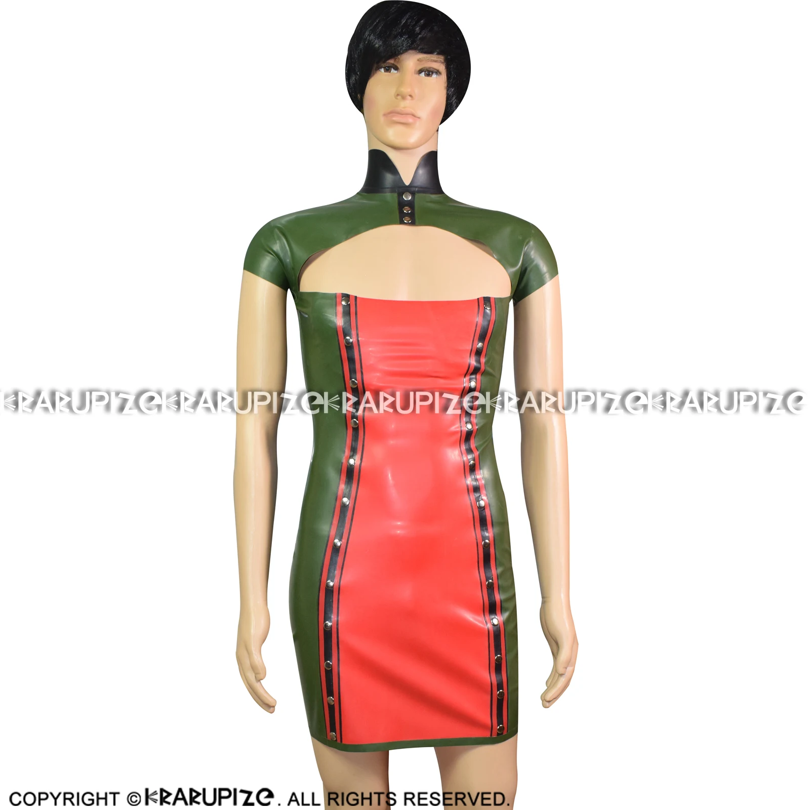 

Olive Green And Black Red Military Sexy Latex Dress With Buttons Front Zipper Back Rubber Uniform LYQ-0110