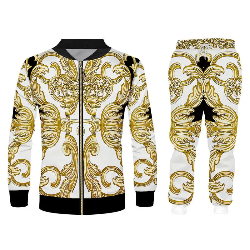 zipper jacket set Барокко 3d мужские спортивные костюмы наборы роскошный дворец золотой цветок печати на молнии с капюшоном тренировочные брюки комплект из 2 предметов на заказ одежда унисекс - Цвет: zipper jacket set