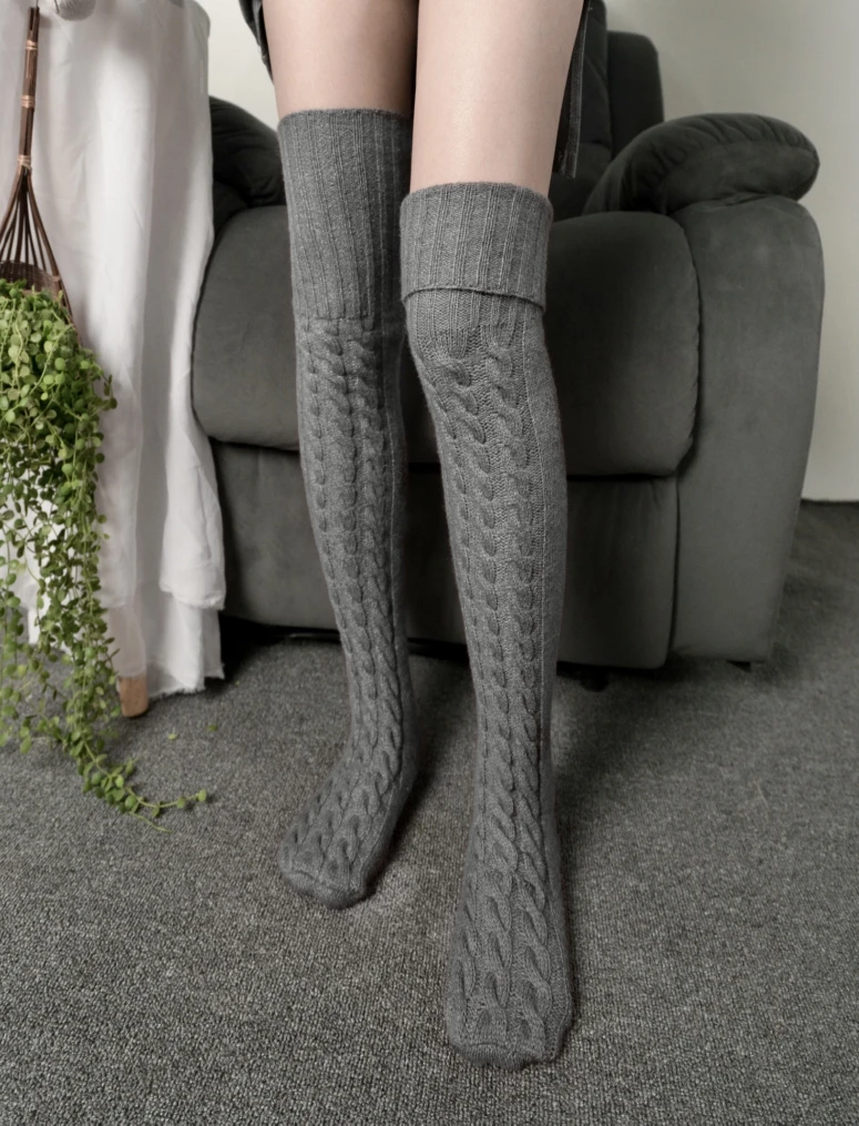 Женские осенне-зимние чулки выше колена вязаные носки до бедра однотонные теплые