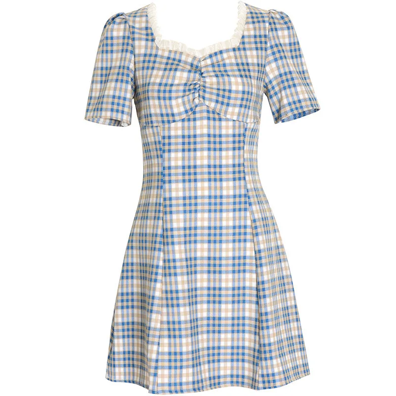 

French Retro Gentle Dress Temperament Lattice Lace Edge Women's Spring and Summer Waist Slim Tea Break Skirt Sexy DressBlueSkirt