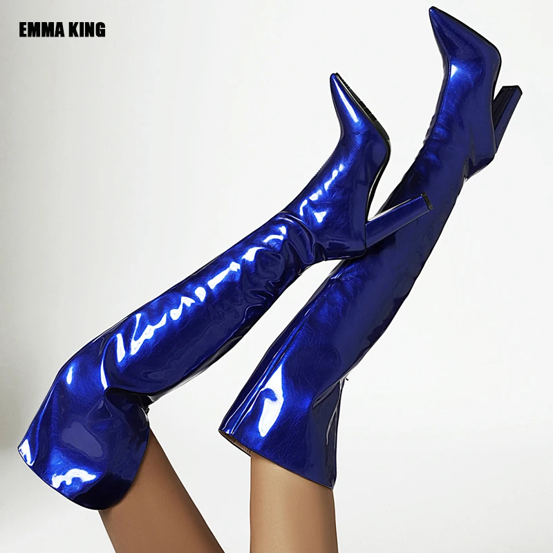 

Women's Over-the-knee Boots Sexy Pointed Toe Print Boots High Heels Party Ladeis Shoes Botas Sexy Patent Leather Boots 2021