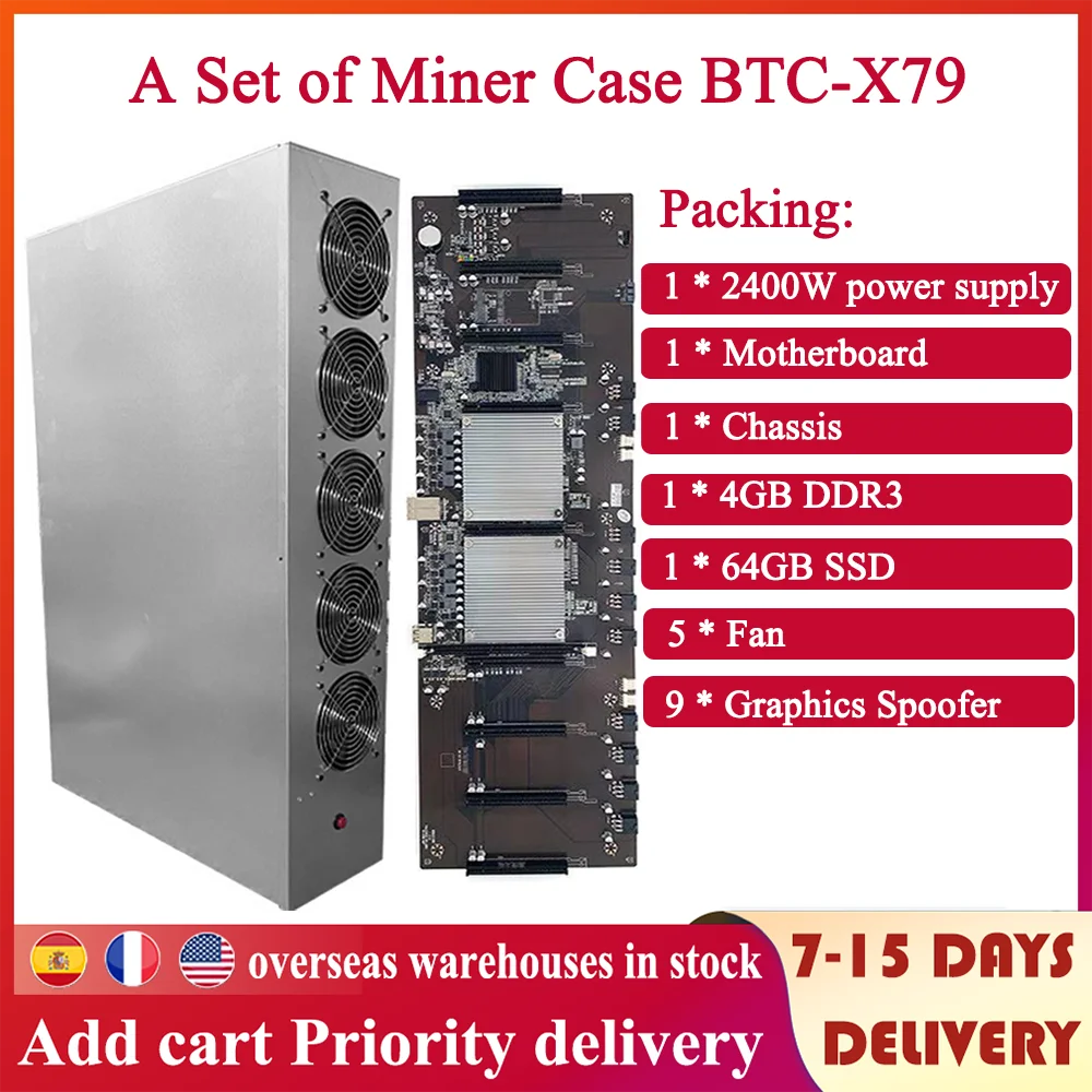 

A Set of Miner Case BTC-X79 9GPU with X79 Motherboard+4GB DDR3+Dual E5-2603 CPU+128GB SSD+2400W Power Supply+5 Fans for 3060