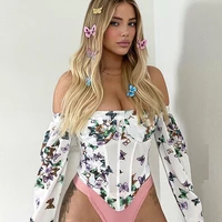 mesh butterfly blouses women sexy off shoulder boning corset tops summer print long sleeve push up padded bustier blusas