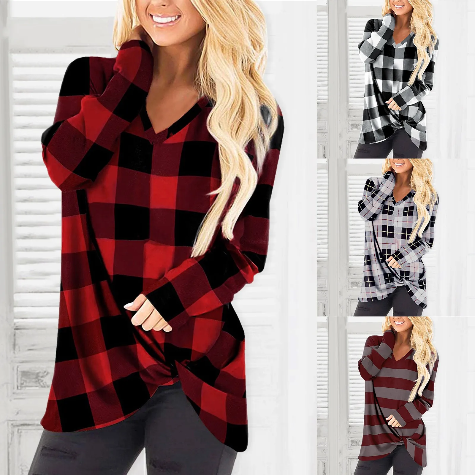 

Женская Повседневная рубашка в клетку, рубашка в полоску с V-образным вырезом, на пуговицах, с карманами, блузка с длинным рукавом, женская ру...