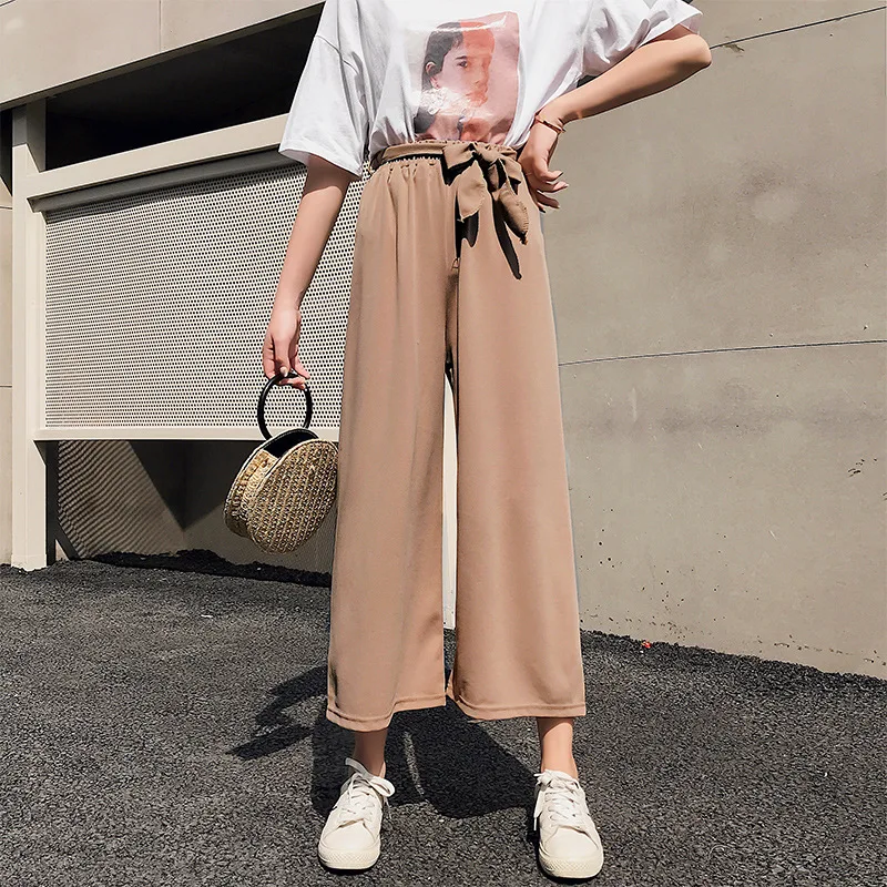 

Женские свободные широкие брюки, однотонные плиссированные длинные брюки с высокой талией и эластичным поясом, 2020