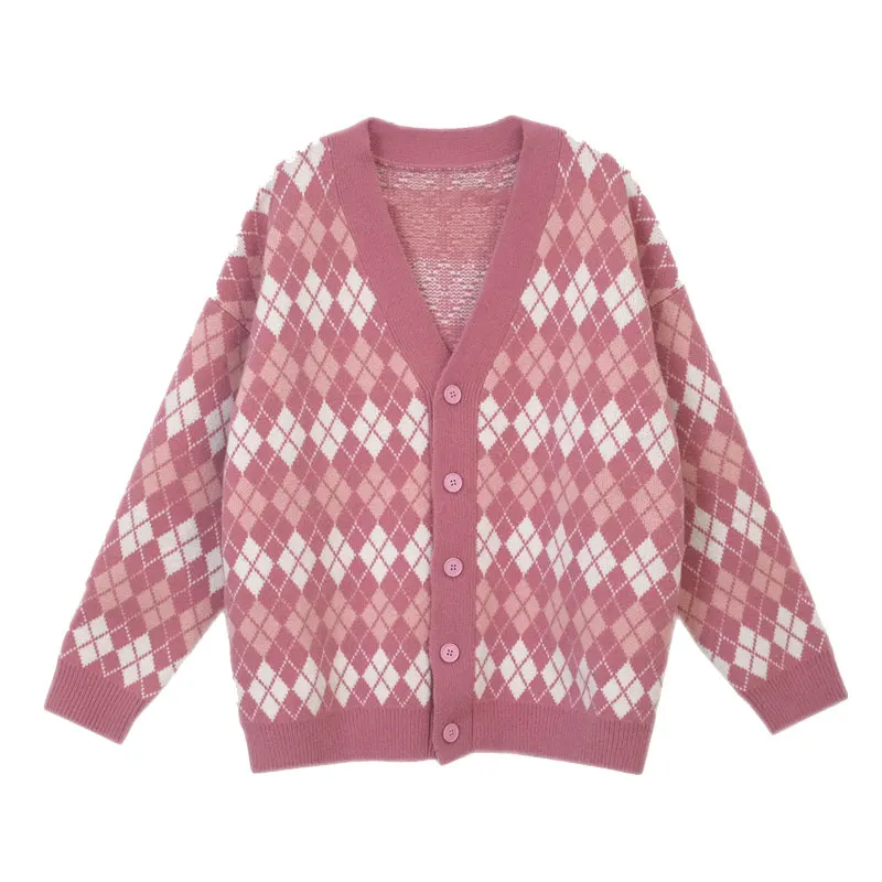 

Spring Autumn Vintage Preppy Style Rhombus Plaid Knitwear Womens V-Neck Knitted Sweater Coats Single-breasted Loose Cardigan Top