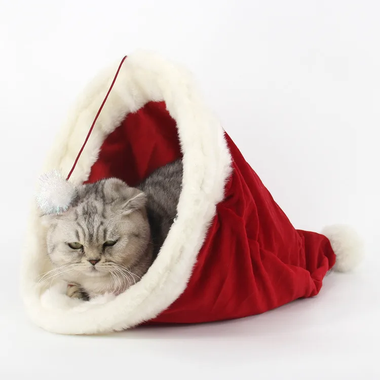 Christmas Hat Pet Nest Cat Bed for Cat Christmas Decorations For Home Navidad Hats House Sleeping Bag Mat Pets Winter Warm Gift