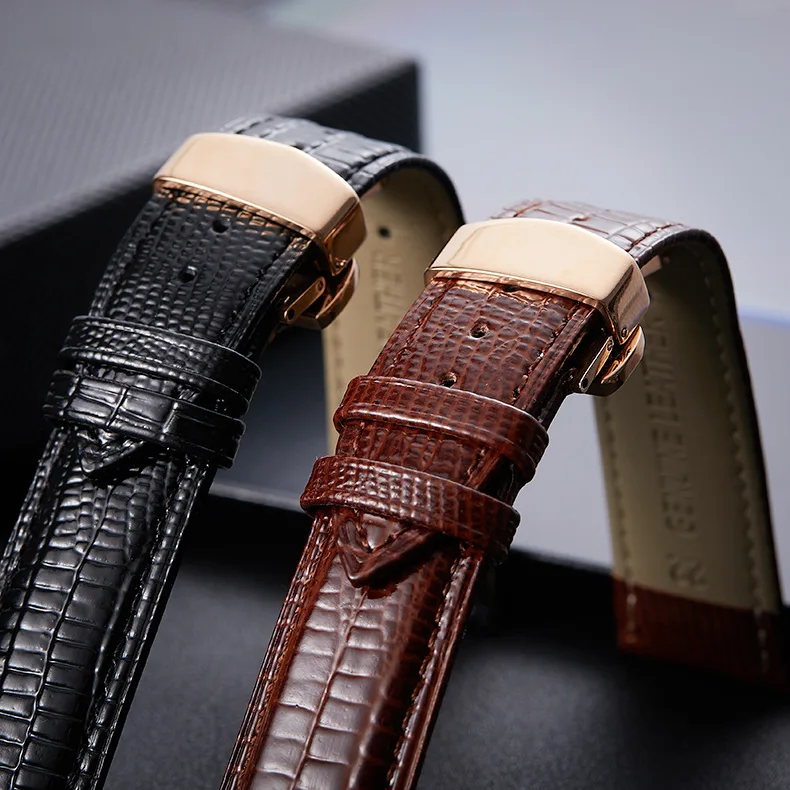 Lizard Grain Genuine Leather Watch Strap 16mm 18mm 20mm 22mm Black Brown Watch Band Bracelets Deployment Buckle for Men Women