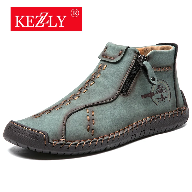 Sapatos ao ar Livre com Zíperes Masculinos com Costura Kezzly Masculino Tamanho Grande Moda Casual Sapatos Artesanal
