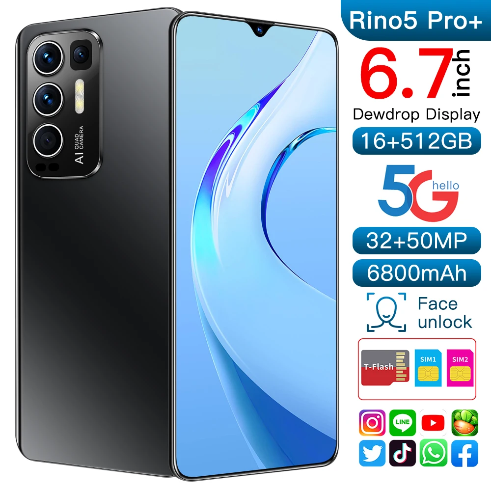 

Smartphone Rino5 Pro+ 6.7Inch 6800mAh Mobile Phone Newest Snapdragon888 16+512GB Deca Core Face Unlock Dual SIM Cellphone