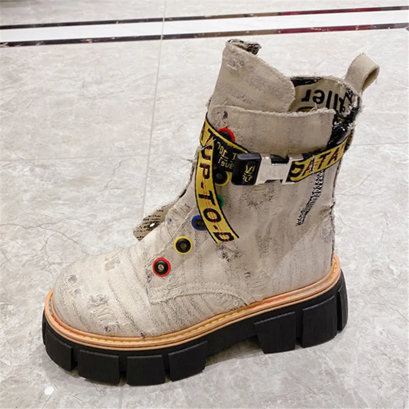 

Fashion ripped denim ladies short boots punk rock graffiti motorcycle boots female spring autumn platform women's ankle boots