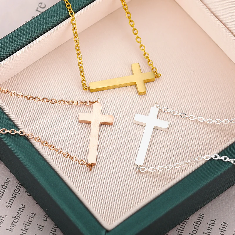V Attract Sideways Cross Charm Pendant Necklace Women Men Jewelry Vintage Jesus Bijoux Femme Collier Gold Chain Choker | Украшения и