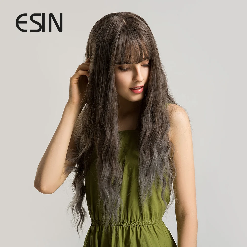 ESIN серая корня Омбре светильник серый длинный волнистый парик с челкой косплей