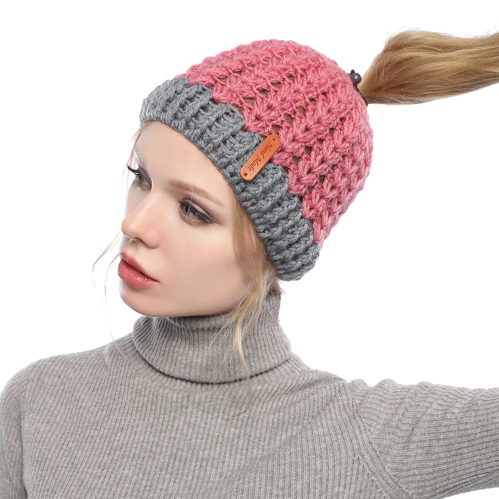 Europe, America, autumn and winter, new, matching, hole, cap, cap, empty top, knitted wool cap, ponytail cap, warm hat