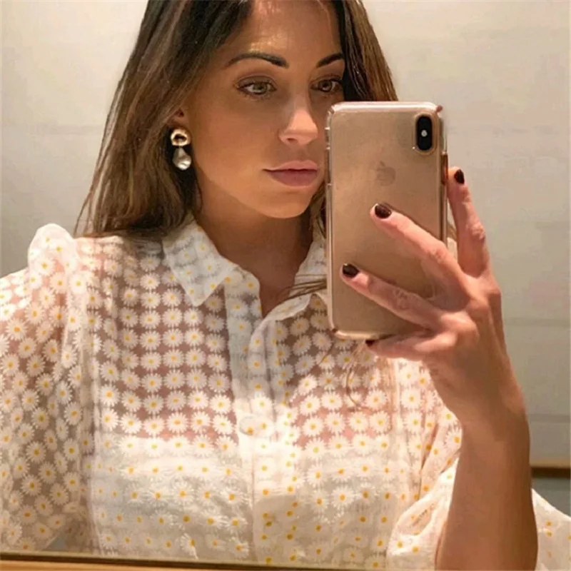 Винтажная рубашка с отворотом и длинным рукавом прозрачная принтом блузка топы