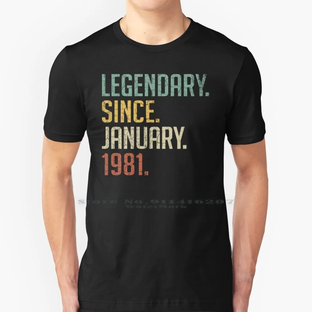 

Легендарная с января 1981 года, подарок на день рождения 40 лет, Винтажная футболка на январь 1981 года, 100% чистый хлопок, январь 1981 года, в винтажном стиле