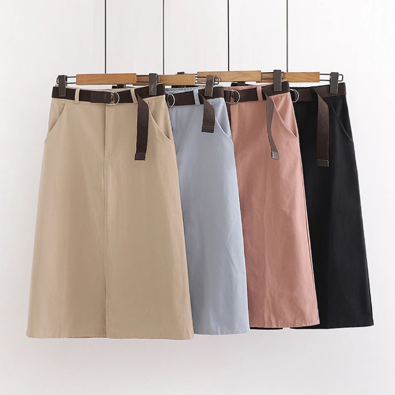 

Summer Front Split Cotton Belted Long Skirt Casual Slim Joker Pockets A-line Mid Skirts Pink Blue Ivory