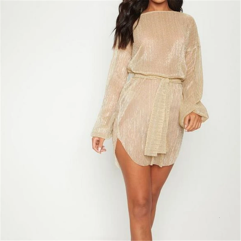 See Through Dress Mini Mesh Long Sleeve Sexy Dresses Bodycon For Women Elegant Clothes Loose Club Party |