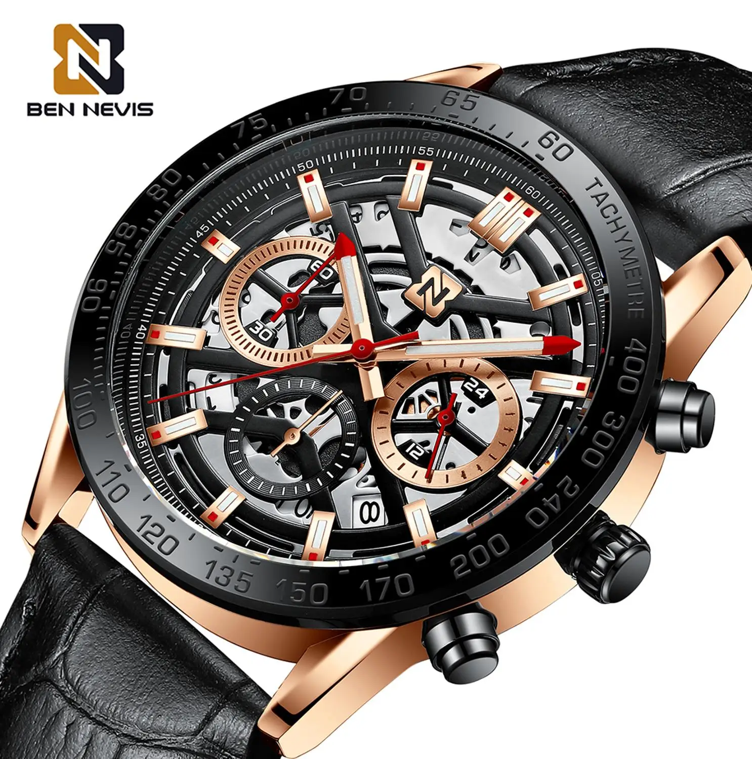 Мужские кварцевые наручные часы с кожаным ремешком цвета розового