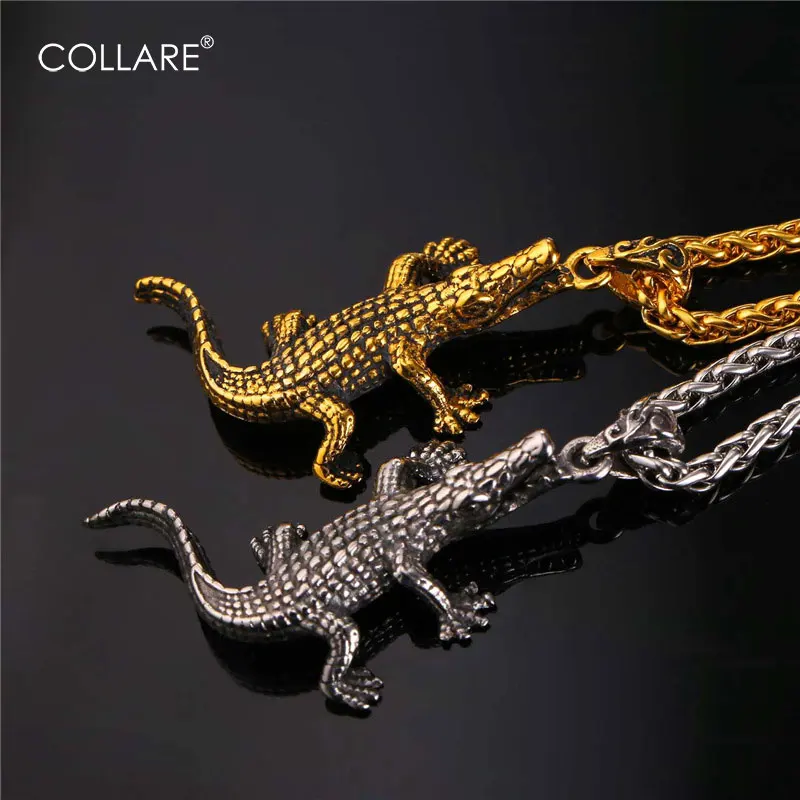 Collare Crocodile Retro Pendant Gold Color Stainless Steel Animal Necklace Women Wholesale Hippie Alligator Men Jewelry P138 | Украшения и