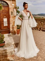 Long Sleeves Boho Outdoor Tropical Wedding Dress V-Neck 2021 Tulle Lace Backless Elopement Maxi White Bridal Gown Custom Made