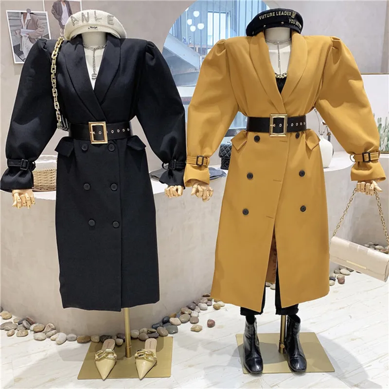 

Новинка, женская одежда, осень 2021, темпераментная двубортная куртка средней и длинной длины, ветровка с длинным рукавом и поясом
