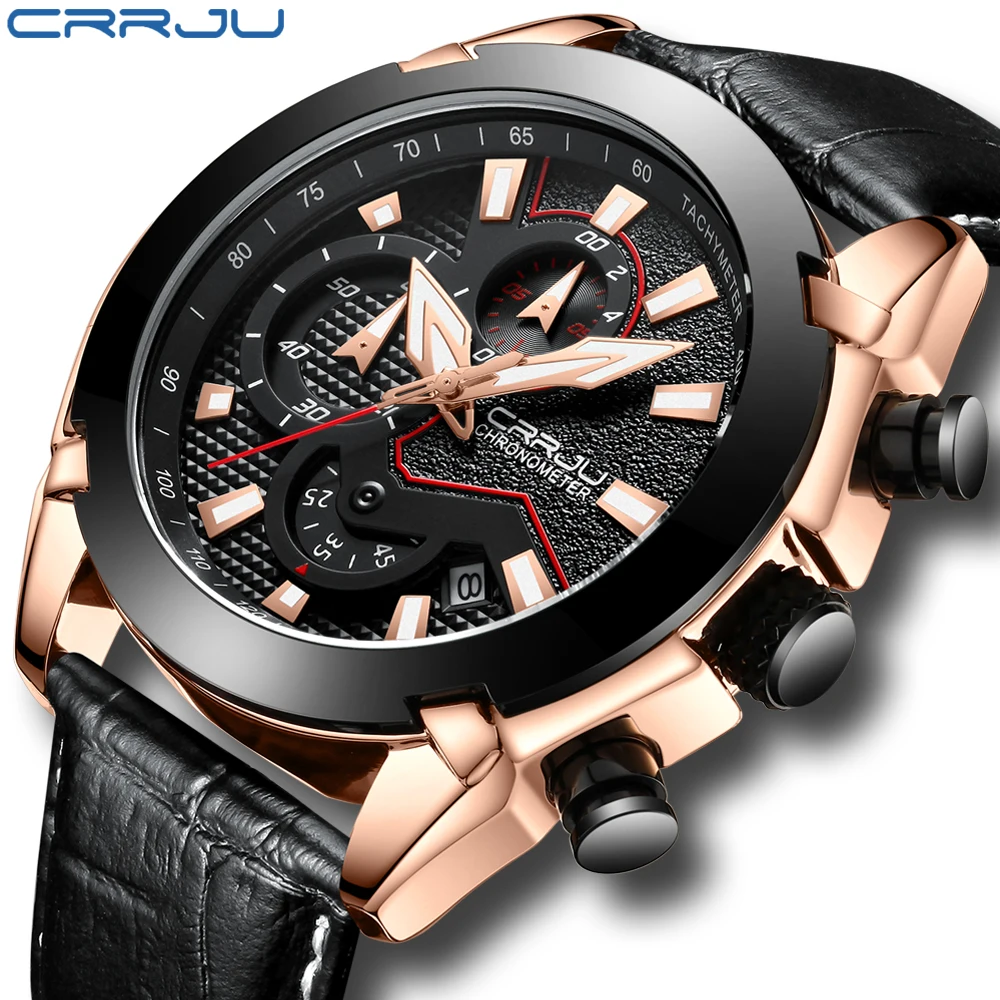 CRRJU Quartz men Watch 2019 Chronograph Date Luminous Waterproof watches Leather Strap Wristswatch men Luxury erkek kol saati
