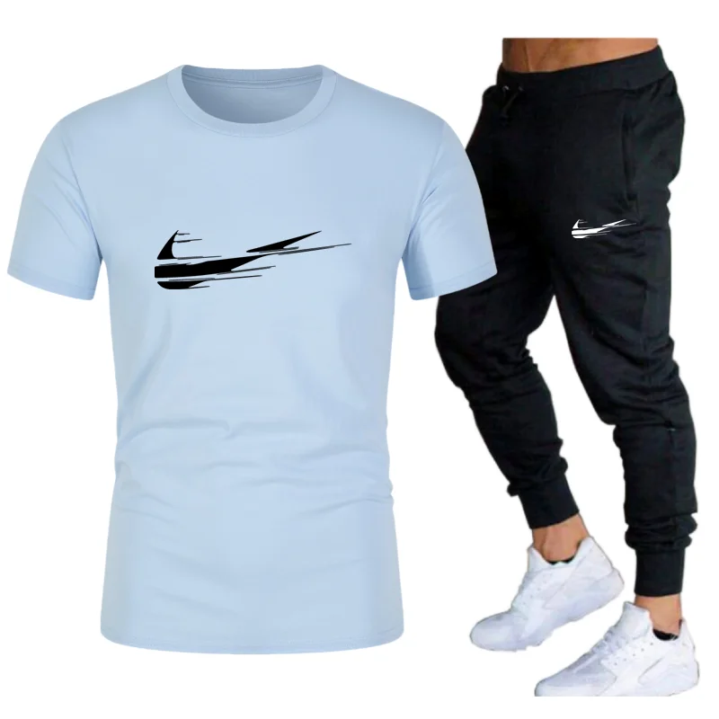 

2021 summer new men's two-piece outdoor sports leisure fitness sports suit short-sleeved t-shirt + trousers men's sportswear sui