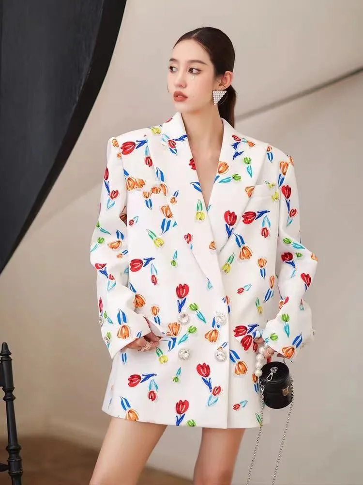 

Женский двубортный Блейзер, белый пиджак свободного покроя, с принтом, на весну и осень, 2021