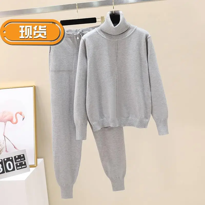 

FIXSYS Lady Knitted Sweater Set 2020 New Turtleneck Worm Thick Women Two Piece Set Solid Long Sleeve Sweater And Pant Outfits