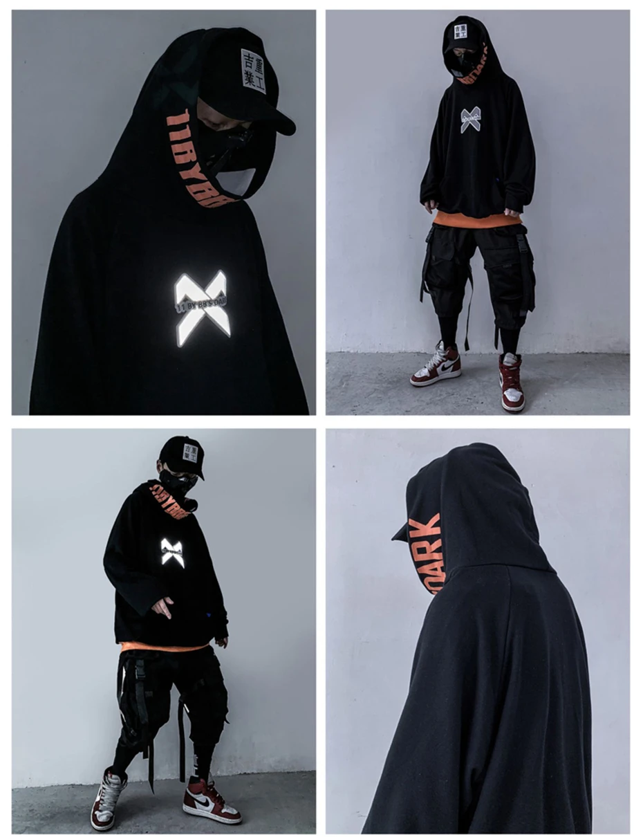 US Size Fish Hoody Tactics Sweatshirt Men's Hoodies Streetwear Harajuku Reflective Loose Sweatshirts Male Hip Hop DG416