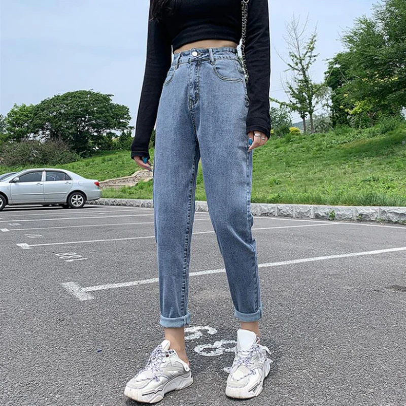 

2021 Spring Jeans High Waist Straight Denim Ankle-Length Pants Girls Casual Soft Streetwear Trousers Denim Joggers Women