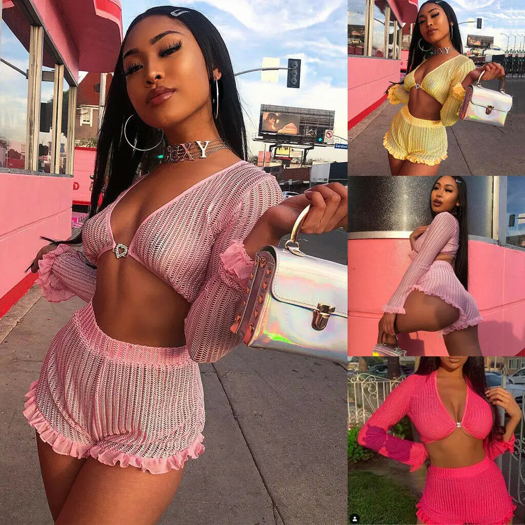 

3 Colors Autumn Summer Women Casual Sexy Suits Female Long Sleeve Deep V Crop Top Shorts Set Fashionable Casual Party Outfits