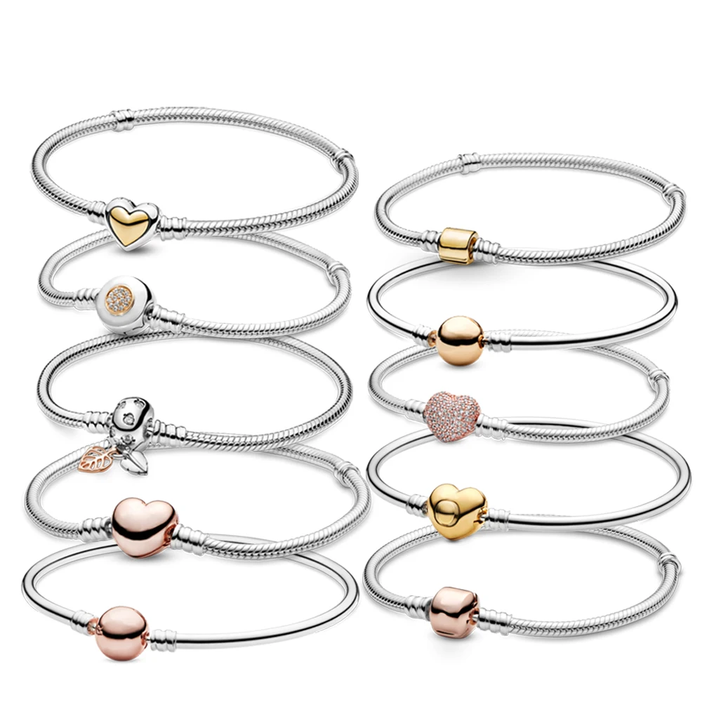 

YLYNXF 925 Sterling Silver Snake Bone Chain Love Heart Full Rhinestone Buckle Bracelet Boutique Fashion