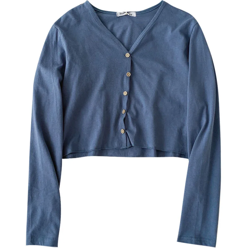

Causal Solid Knitted Cotton Cardigan Women 2021 Autumn Fashion V-Neck Slim Single Breasted Long Sleeve Korean Crop Tops