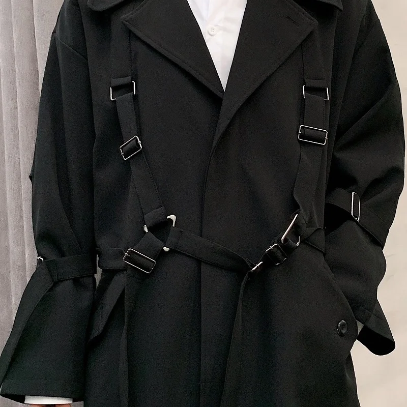 

Fashion brand dark black windbreaker coat men's functional style with loose bandage