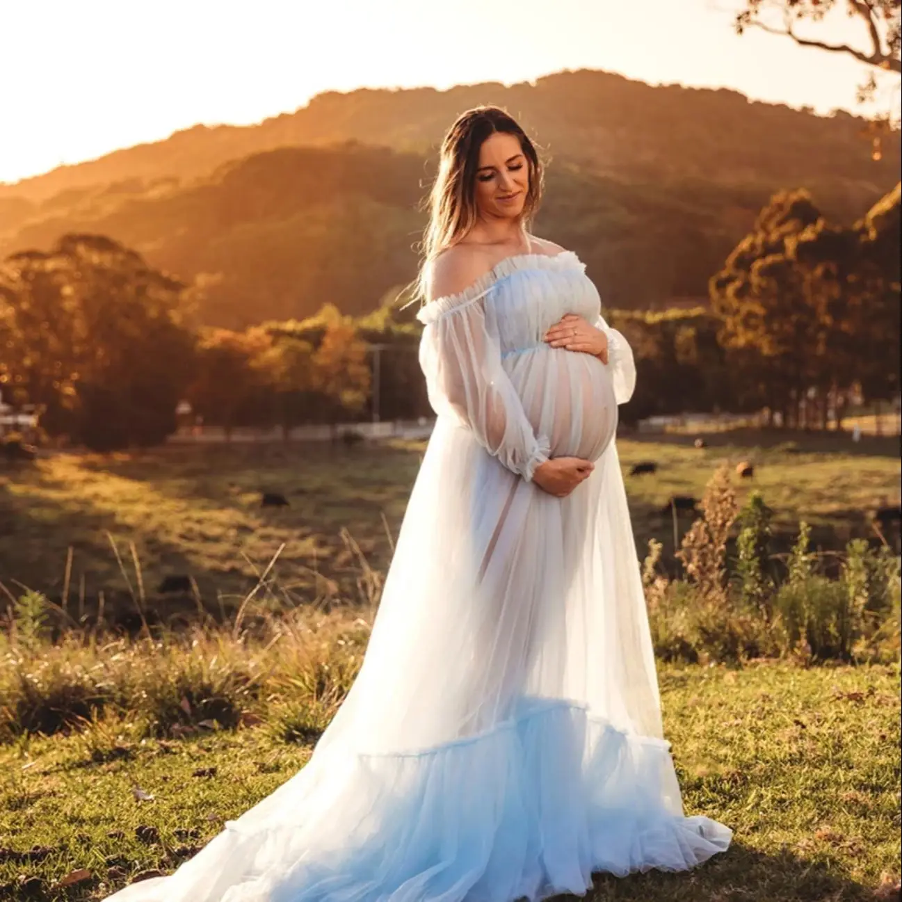 

Light Blue Maternity Gowns For Photoshoot Off the Shoulder Soft Tulle Maternity Dresses Photography Pregnancy Women Long Dress