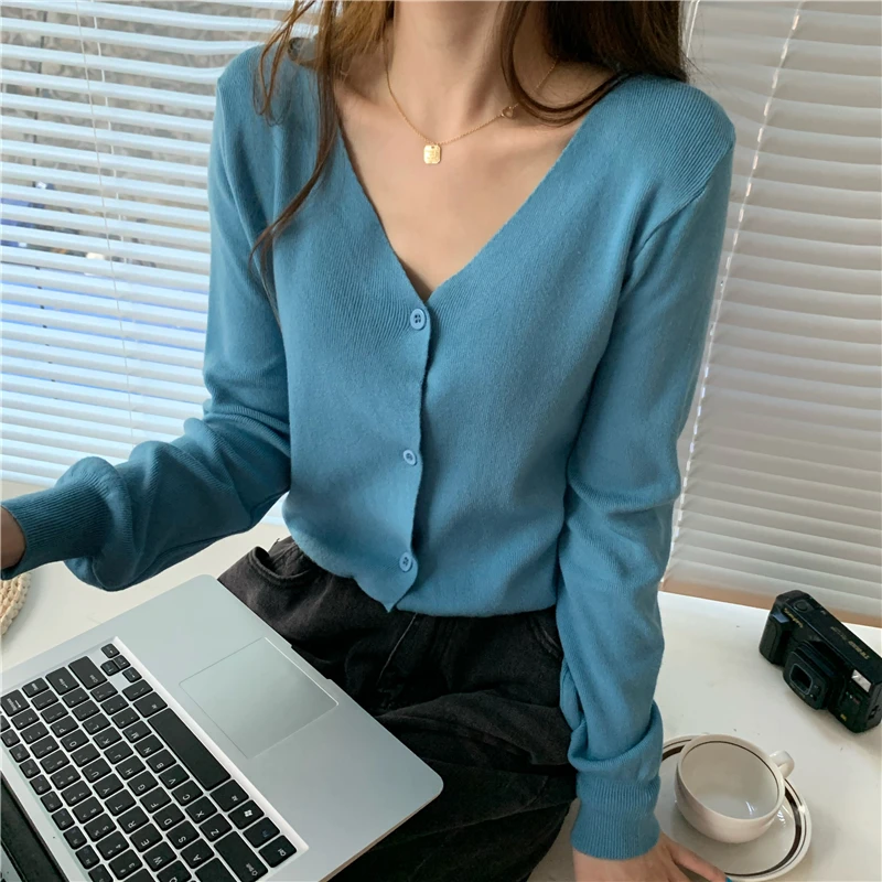 

Knitted Cropped Cardigan Autumn Winter New Korean Fashion V-neck Casual Loose Crop Top Long Sleeve Sweater for Women Clothes Ins